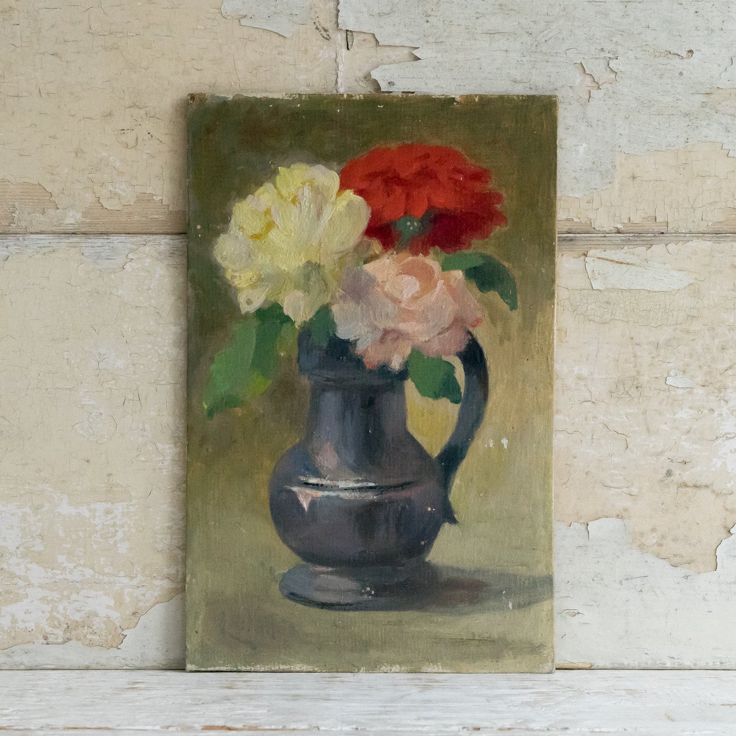 Vintage French Oil on Board Floral Painting