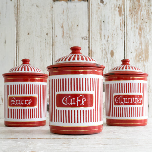 Vintage French Red and White Enamel Storage Tin